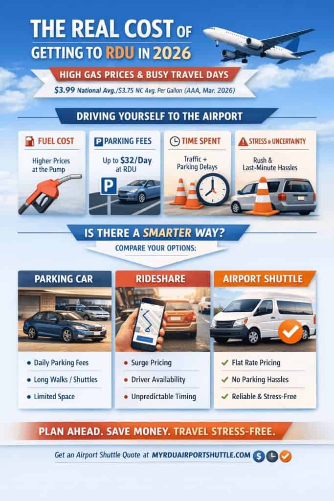 Infographic comparing the real cost of getting to RDU in 2026, including gas prices, parking fees, time spent, rideshare challenges, and airport shuttle benefits.