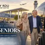 RDU airport shuttle for seniors banner showing an older couple beside a shuttle van as a driver handles their luggage.