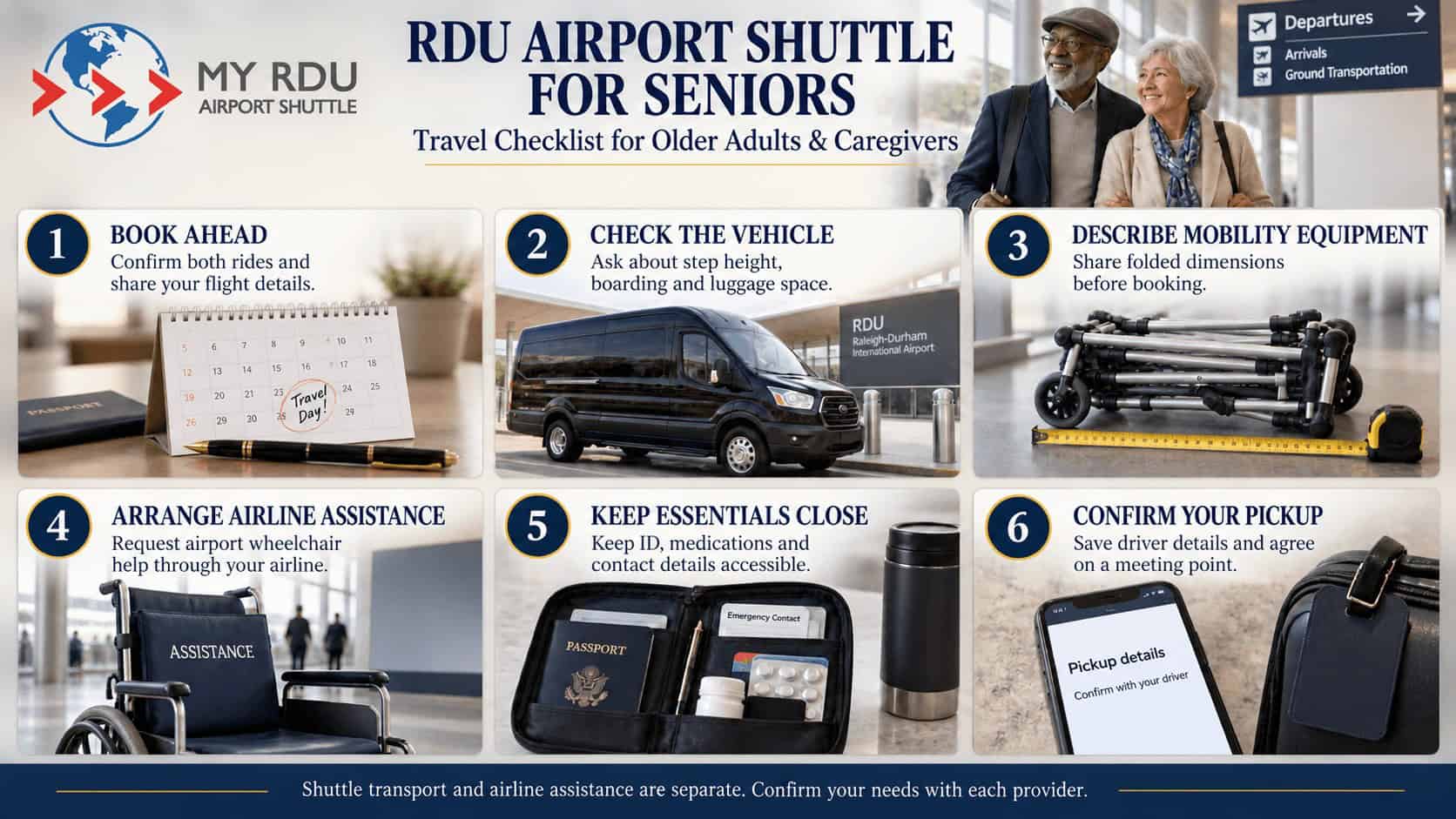 RDU airport shuttle for seniors checklist covering booking, vehicle access, mobility equipment, airline assistance, essentials and pickup.