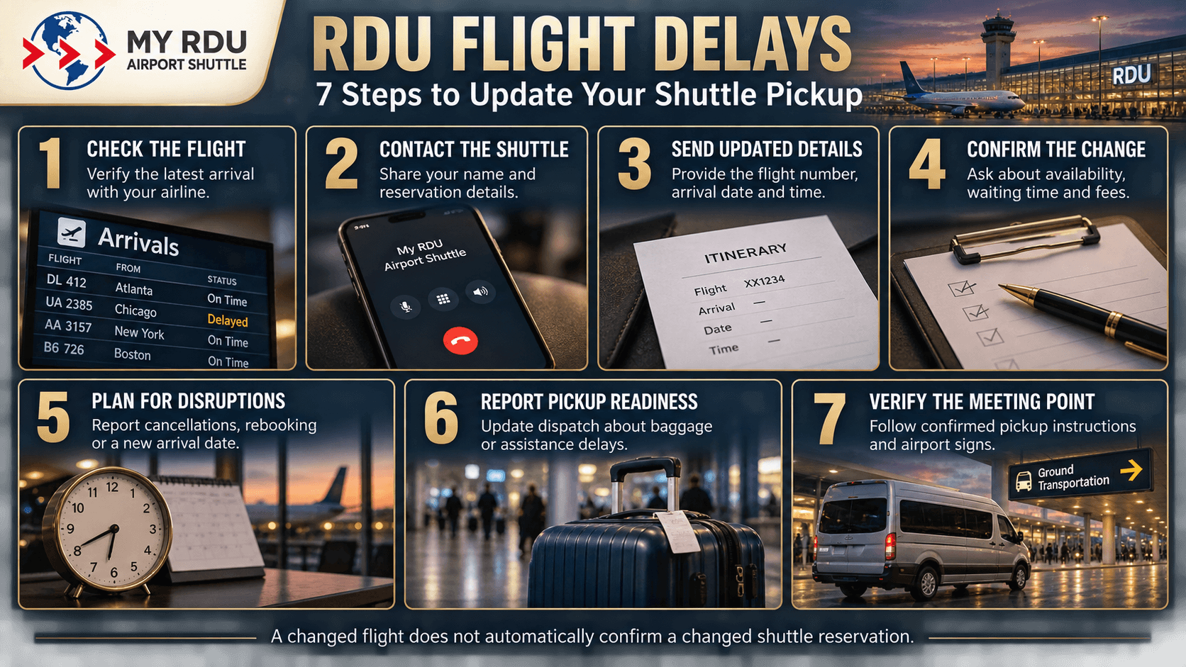 RDU flight delays infographic showing seven steps to update a shuttle reservation, confirm changes and coordinate airport pickup.