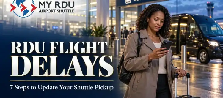 RDU flight delays banner showing a traveler checking her phone beside luggage, with a shuttle van outside airport arrivals.