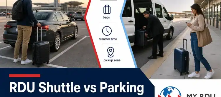 rdu airport shuttle vs parking comparison showing airport parking and a pre-booked shuttle pickup