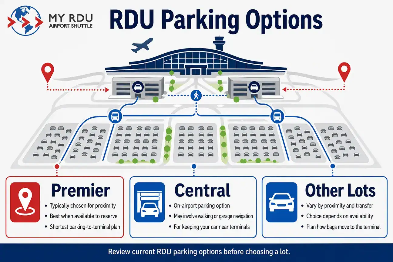 Simplified RDU parking options checklist showing proximity, transfers, and parking category planning