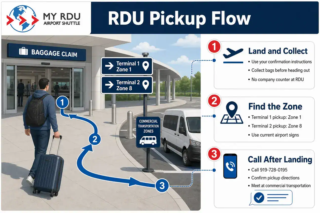 Step-by-step RDU prearranged pickup flow showing Terminal 1 Zone 1 and Terminal 2 Zone 8