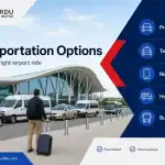 RDU airport transportation options shown with traveler comparing pre-booked rides, taxis, ride apps, shuttles and buses.