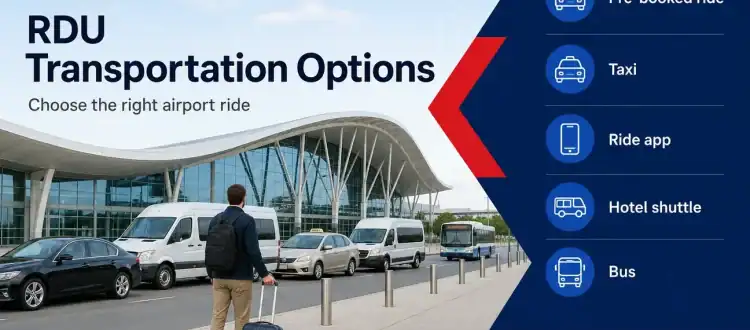 RDU airport transportation options shown with traveler comparing pre-booked rides, taxis, ride apps, shuttles and buses.