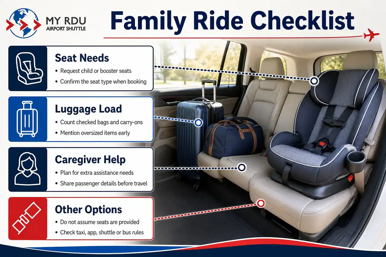 Family airport transportation checklist showing child seat, luggage and caregiver planning for RDU rides.