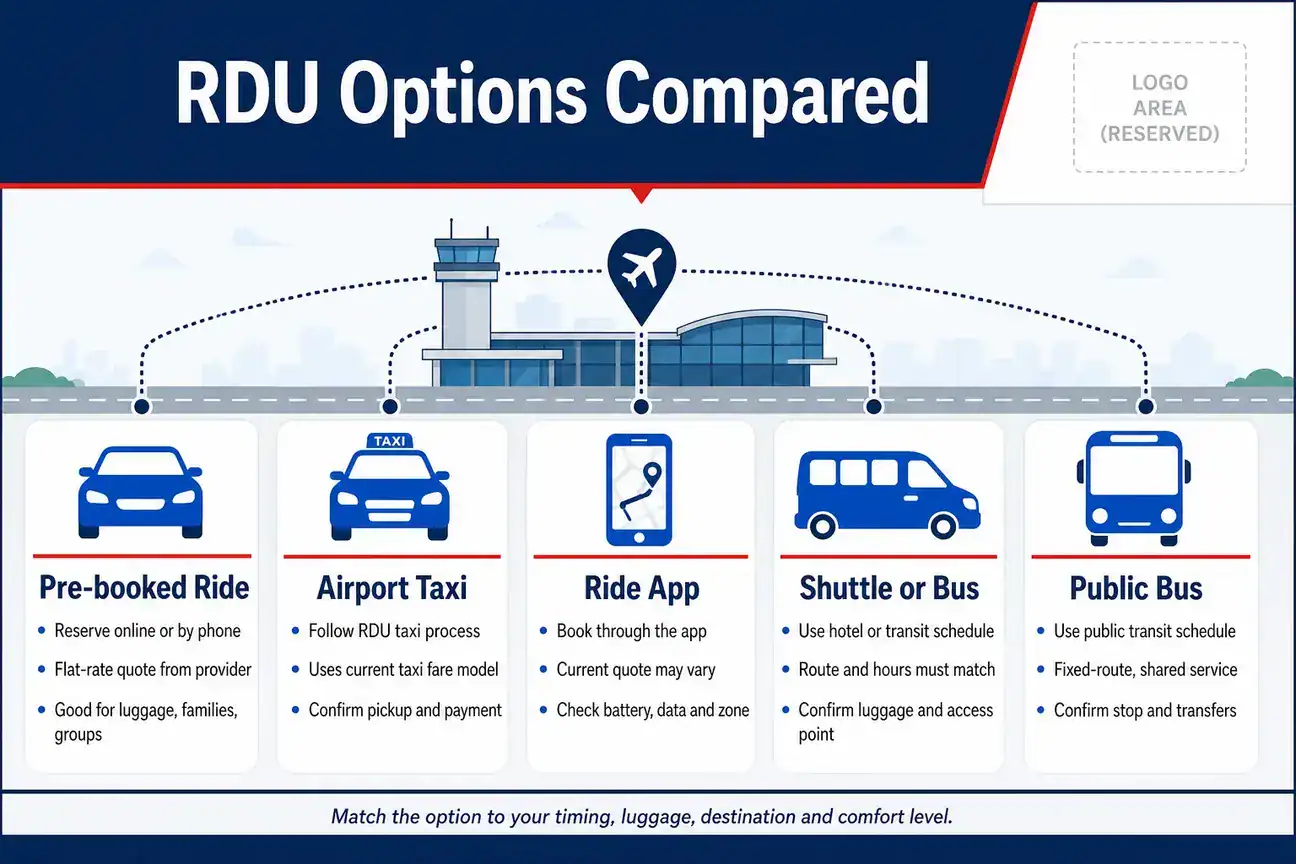 Infographic comparing RDU pre-booked rides, taxis, ride apps, hotel shuttles and buses.