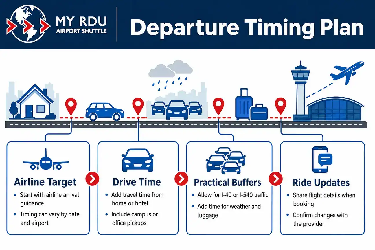 Timeline infographic showing how to plan RDU departure pickup time from airline guidance and travel buffers.
