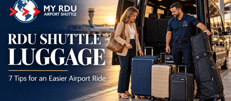 Traveler and shuttle driver beside suitcases and a golf travel bag at an airport pickup area.