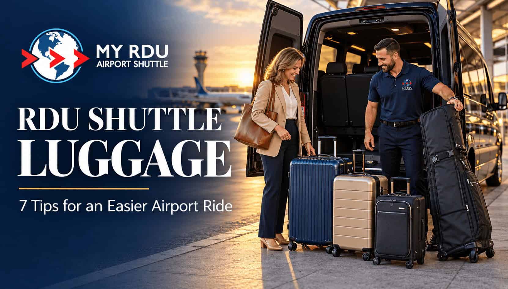 RDU shuttle luggage planning with a traveler and driver beside suitcases and a golf travel bag.
