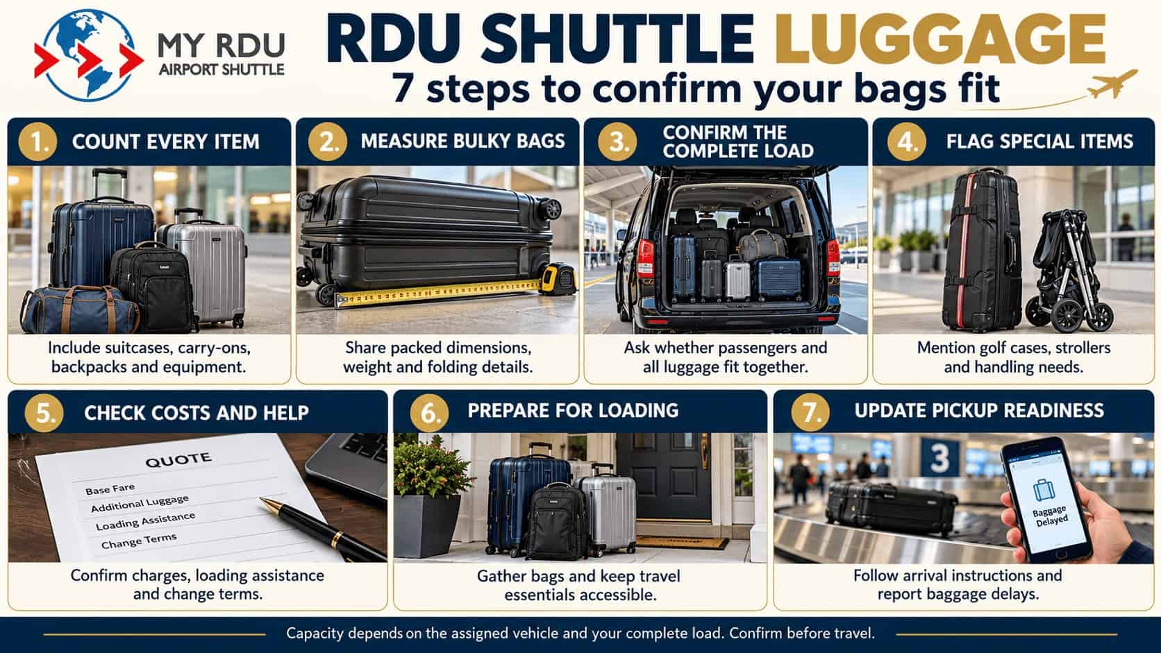 RDU shuttle luggage checklist showing seven steps to count bags, measure bulky items, confirm vehicle space and coordinate pickup.